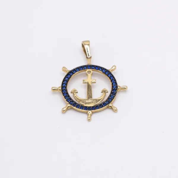 Dije con imagen de timón y ancla con piedras color navy, 14k - Imagen 2