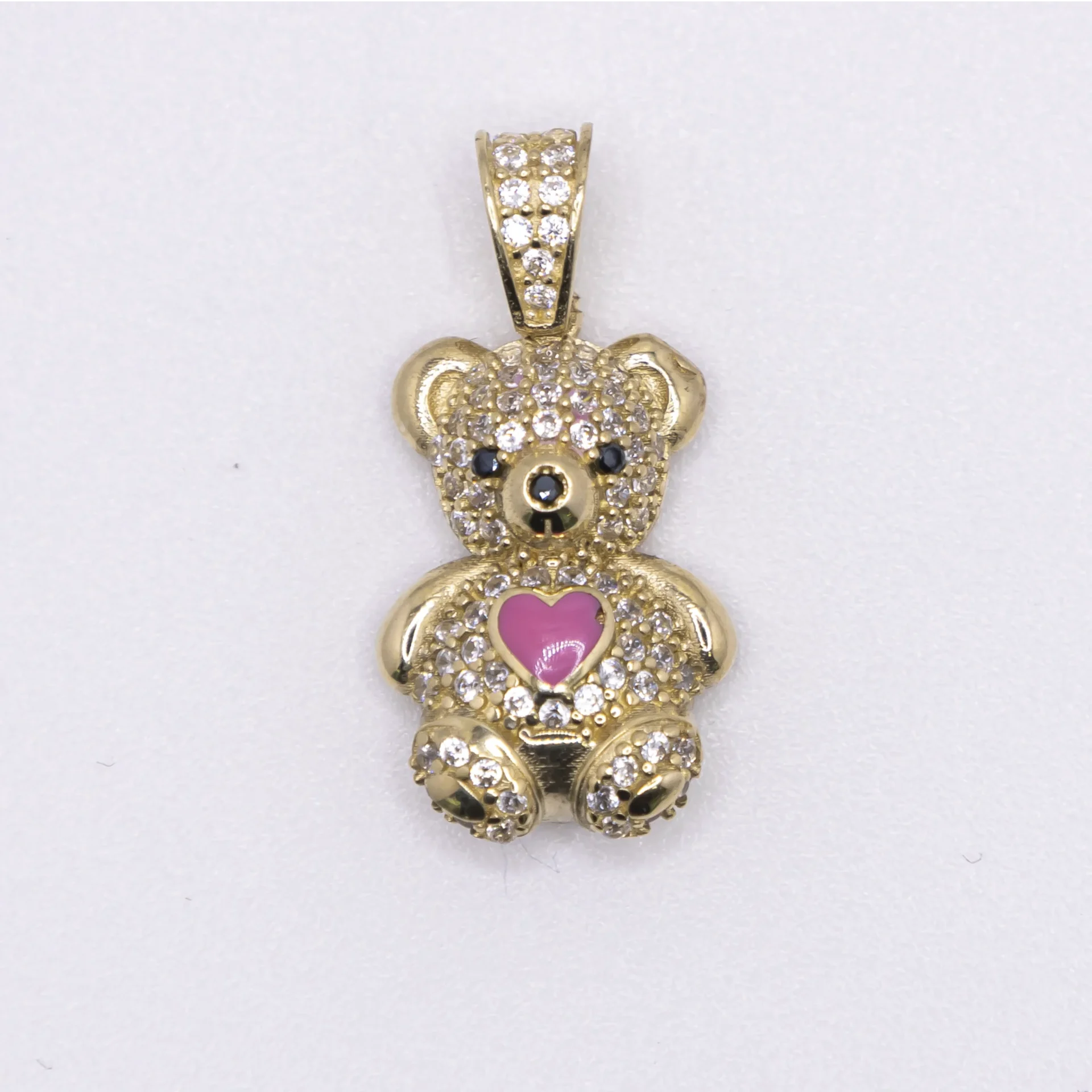Dije de Osito en 10k y zirconia con corazon color pink