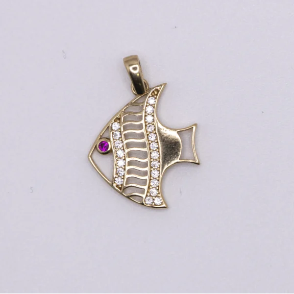 Dije en forma pez con zirconia y ojo color Rubi 14k
