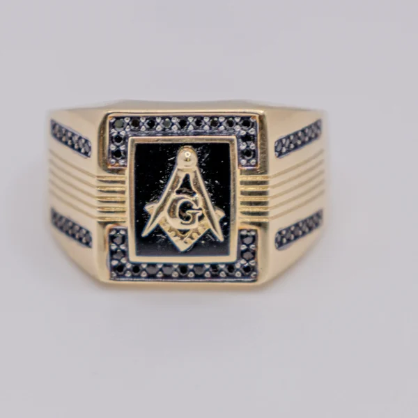 Anillo para Hombre, Emblema Masón y Chispas Negras - Imagen 3